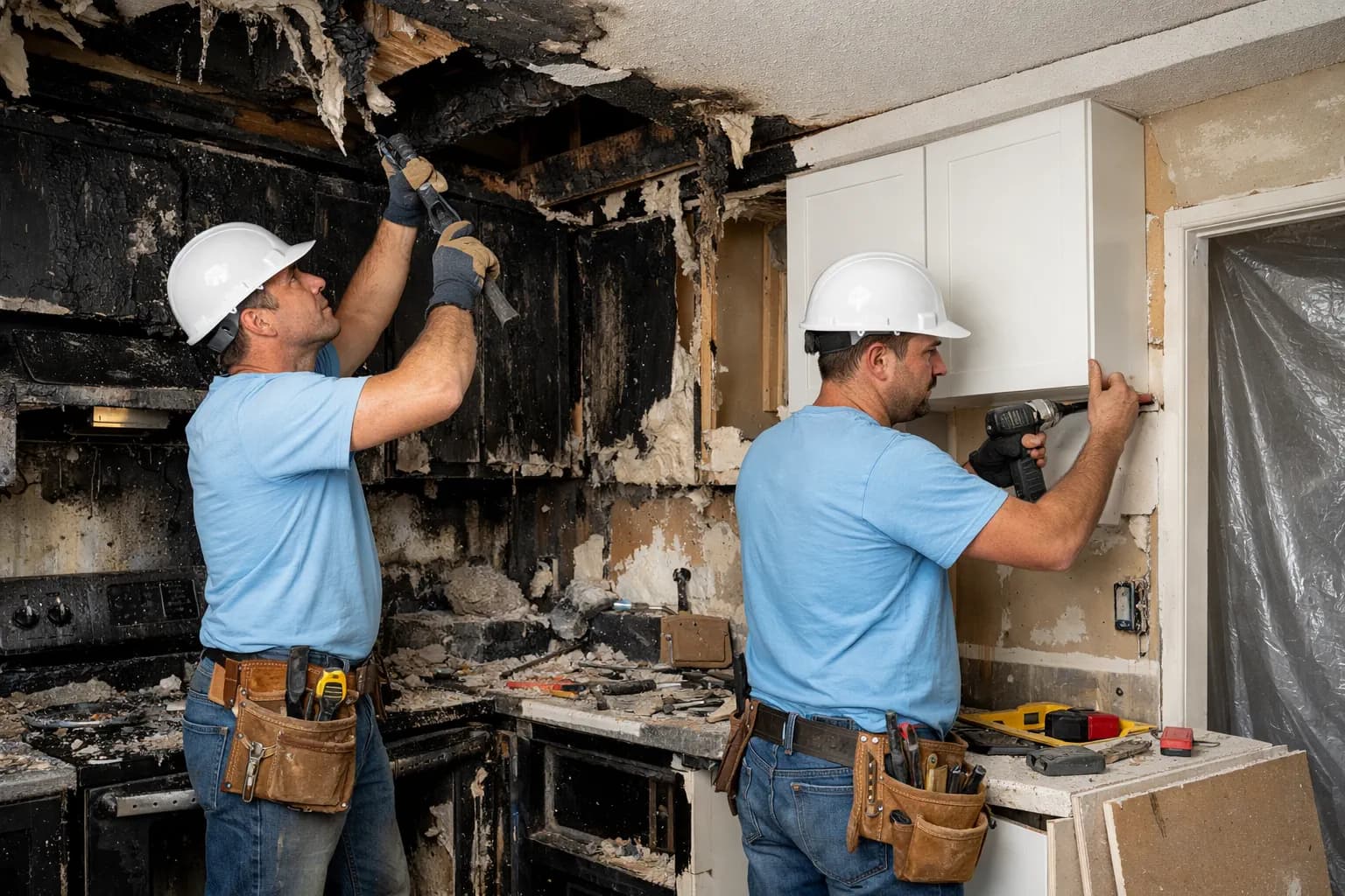 Fire damage restoration contractor coordinating structural and smoke repair scope