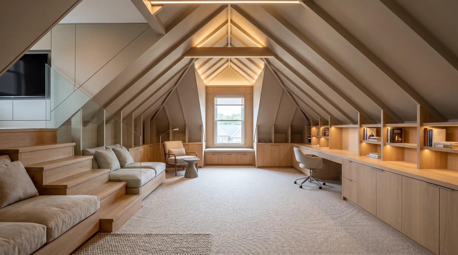 Finished attic after conversion with drywall, flooring, lighting, and usable living space